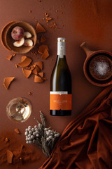 Rickety Bridge Regna Loca Chenin Blanc 2025 Swartland Chenin Blanc bottle with stone fruit and glass of white wine flat lay