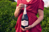 Bottle of Steenberg 1682 Brut Pinot Noir, Constantia NV sparkling wine with fresh berry and citrus. Woman holding bottle of sparkling wine.