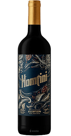 Bottle of Fairview Homtini, Coastal Region 2022 wine with berry and spice flavors.
