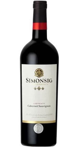 Simonsig Labyrinth Cabernet Sauvignon 2021 bottle from Stellenbosch, with aromas of blackberry, crème de cassis, violets, and oak toast.