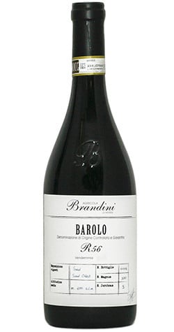 Bottle of Agricola Brandini Barolo R56 Nebbiolo 2017 wine with dark fruit and spice.