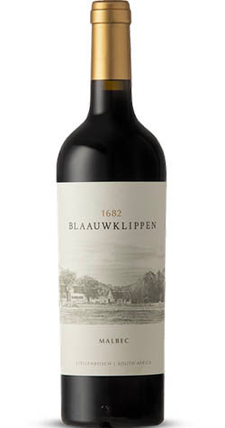 Bottle of Blaauwklippen Vineyards Malbec 2021 wine with dark fruit and earthy flavors.