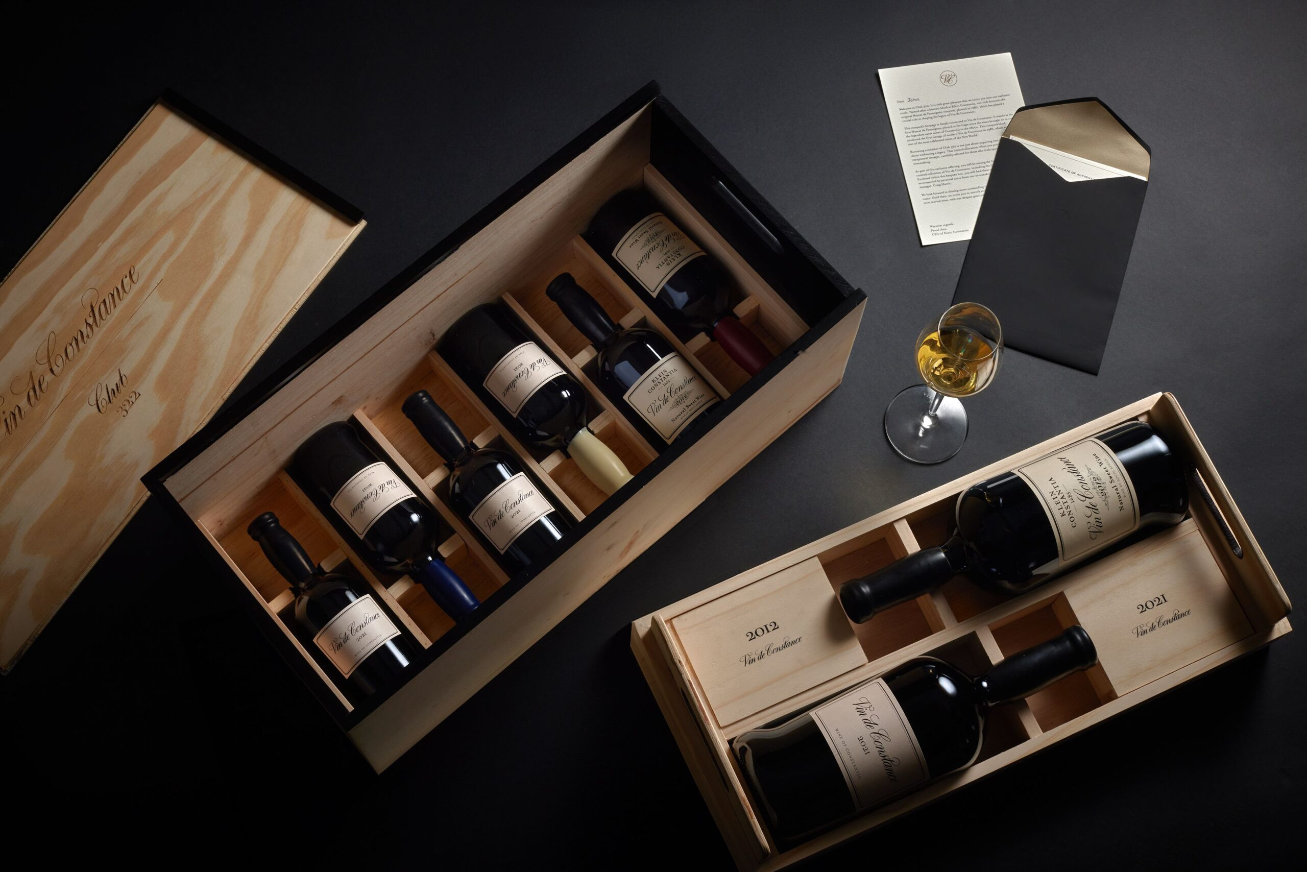 Vin de constance wine bottles in wooden cases