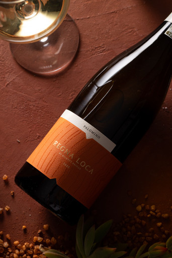 Rickety Bridge Regna Loca Semillon 2024 white wine bottle with glass, pear and natural elements styled still life