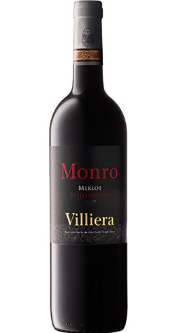 Bottle of Villiera Estate Monro Merlot 2022 from Stellenbosch with berries, chocolate and spice.