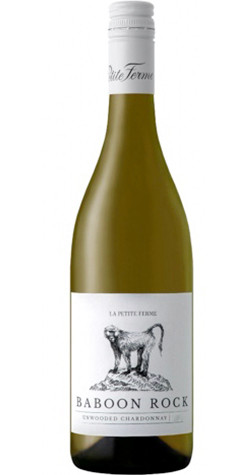 Bottle of La Petite Ferme 'Baboon Rock' Unwooded Chardonnay, Robertson 2024 white wine with fresh citrus and floral notes.