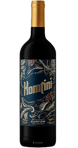 Bottle of Fairview Homtini, Coastal Region 2022 wine with berry and spice flavors.