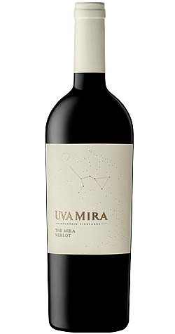 Uva Mira 'The Mira' Merlot 2019 bottle from Stellenbosch, featuring aromas of dark chocolate, red fruits, and violet floral notes.