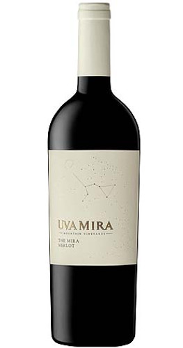Uva Mira 'The Mira' Merlot 2019 bottle from Stellenbosch, featuring aromas of dark chocolate, red fruits, and violet floral notes.