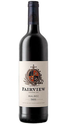 Bottle of Fairview Malbec 2023 red wine with dark fruit and vanilla flavors