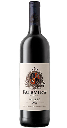 Bottle of Fairview Malbec 2023 red wine with dark fruit and vanilla flavors