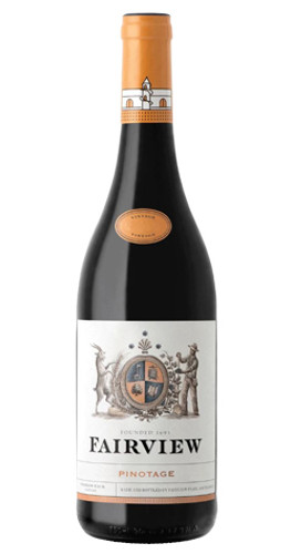 Bottle of Fairview Pinotage, Paarl 2022 red wine with dark fruit and spice.