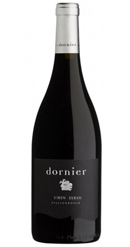 Bottle of Dornier Siren Syrah 2019 from Stellenbosch, with white pepper, red berries, and violets.