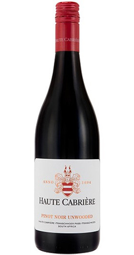 Bottle of Haute Cabriere Pinot Noir (Unwooded), Franschhoek 2024 red wine with fresh berry and floral flavors.