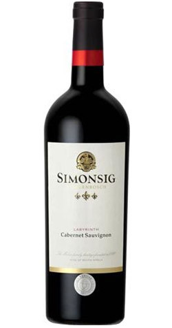 Simonsig Labyrinth Cabernet Sauvignon 2021 bottle from Stellenbosch, with aromas of blackberry, crème de cassis, violets, and oak toast.