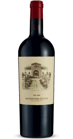 Waterford Estate The Jem 2017 Red Blend bottle from Stellenbosch, featuring dark chocolate, ripe plum, clove spice, and crushed violets aromas.