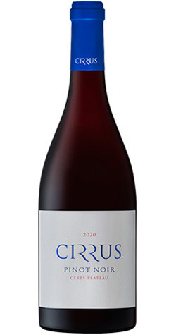 Bottle of Cirrus Pinot Noir 2022 from the Ceres Plateau, with berries and pepper corn.