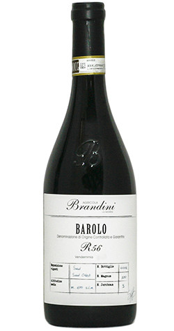 Bottle of Agricola Brandini Barolo R56 Nebbiolo 2017 wine with dark fruit and spice.