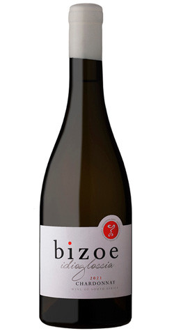 Bottle of Bizoe Wines Idioglossia Chardonnay 2021 wine with citrus and oak.