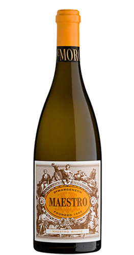 Bottle of De Morgenzon Maestro White, Stellenbosch 2020 wine with tropical and floral flavors.