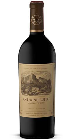 Bottle of Anthonij Rupert Wines Cabernet Franc 2018 wine with red fruit and herbal notes.