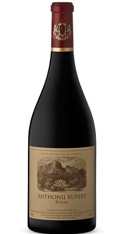 Bottle of Anthonij Rupert Wines Syrah 2017 wine with pepper and blackberry notes.