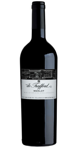 Bottle of De Trafford Wines Merlot, Stellenbosch 2019 red wine with plum and chocolate flavors.