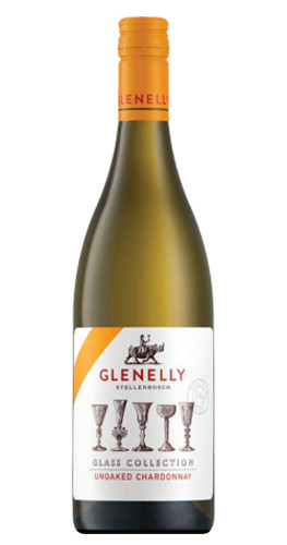 Bottle of Glenelly 'Glass Collection' Unoaked Chardonnay, Stellenbosch 2020 white wine with citrus and floral notes.