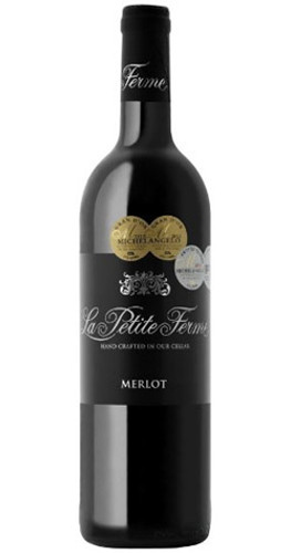 Bottle of La Petite Ferme Merlot, Franschhoek 2022 red wine with plum and chocolate flavors.