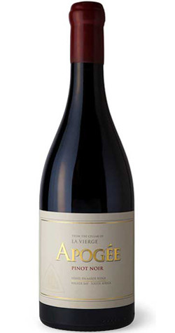 Bottle of La Vierge 'Apogée' Pinot Noir, Hemel-En-Aarde Ridge 2019 red wine with red fruit and spice.