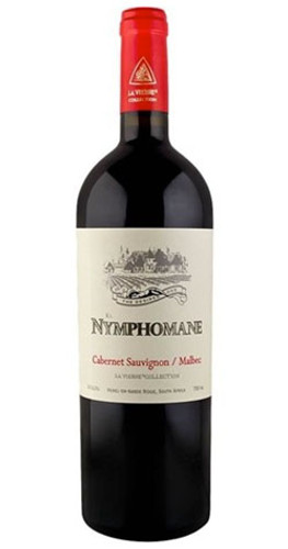 Bottle of La Vierge Nymphomane Red Blend, Hemel-en-Aarde 2020 wine with rich berry and spice.