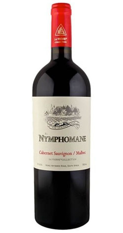 Bottle of La Vierge Nymphomane Red Blend, Hemel-en-Aarde 2020 wine with rich berry and spice.