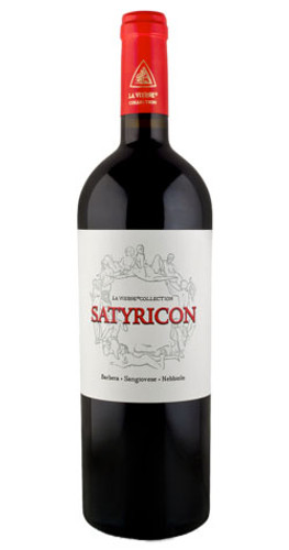 Bottle of La Vierge Satyricon Sangiovese 2020 with savoury spice and floral notes.