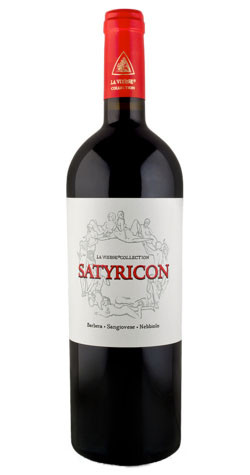 Bottle of La Vierge Satyricon Sangiovese 2020 with savoury spice and floral notes.