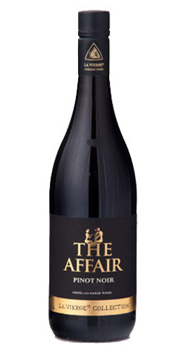Bottle of La Vierge 'The Affair' Pinot Noir, Hemel-en-Aarde 2021 red wine with red fruit and floral notes.