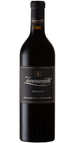 Bottle of Zevenwacht Merlot, Stellenbosch 2021 red wine with plum and chocolate flavors.