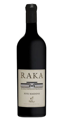 Bottle of RAKA 'Five Maidens' Red Blend, Klein River 2018 wine with dark fruit and spice.