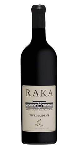 Bottle of RAKA 'Five Maidens' Red Blend, Klein River 2018 wine with dark fruit and spice.