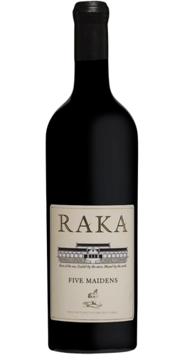 Bottle of RAKA 'Five Maidens' Red Blend, Klein River 2018 wine with dark fruit and spice.
