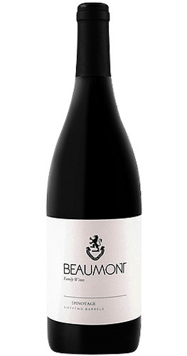 Bottle of Beaumont Pinotage 2020 wine with red fruit and earthy flavors.