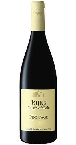 Bottle of Rijk's Cellar Touch of Oak Pinotage, Coastal Region 2021 red wine with dark fruit and spice.
