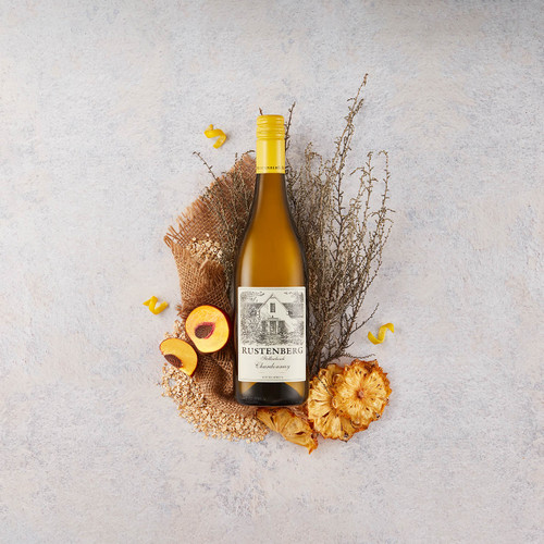 Bottle of Rustenberg Chardonnay, Stellenbosch 2022 white wine with citrus and oak. Bottle of wine surrounded by tasting notes.