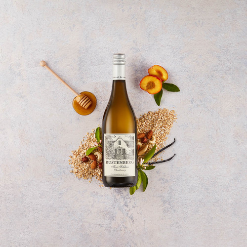 Bottle of Rustenberg Five Soldiers Chardonnay, Stellenbosch 2017 white wine with citrus and oak. Bottle of wine surrounded by tasting notes.