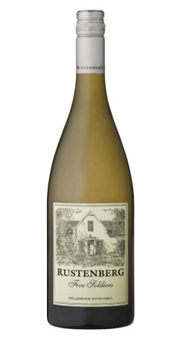 Bottle of Rustenberg Five Soldiers Chardonnay, Stellenbosch 2017 white wine with citrus and oak.