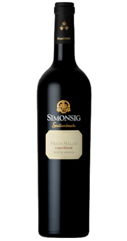Bottle of Simonsig Frans Malan Reserve Cape Blend, Stellenbosch 2017 wine with dark fruit and spice.