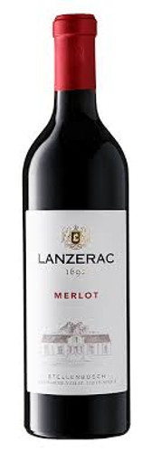 Bottle of Lanzerac Merlot, Stellenbosch 2022 red wine with plum and chocolate flavors.