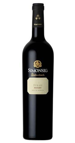 Bottle of Simonsig Merindol Syrah, Stellenbosch 2018 red wine with dark fruit and spice.