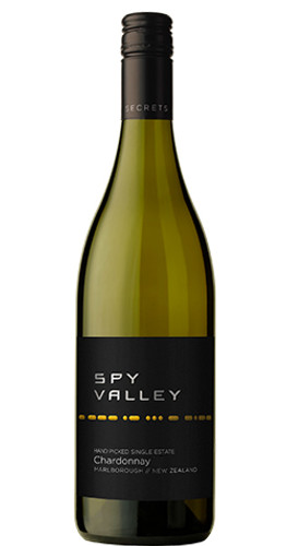 Bottle of Spy Valley Chardonnay, Marlborough NZ 2020 white wine with citrus and brioche.