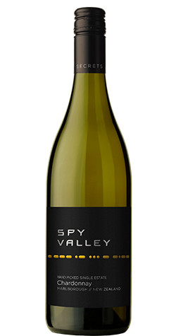 Bottle of Spy Valley Chardonnay, Marlborough NZ 2020 white wine with citrus and brioche.