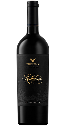 Bottle of Thelema 'Rabelais' Bordeaux Blend, Stellenbosch 2021 wine with dark fruit and spice.